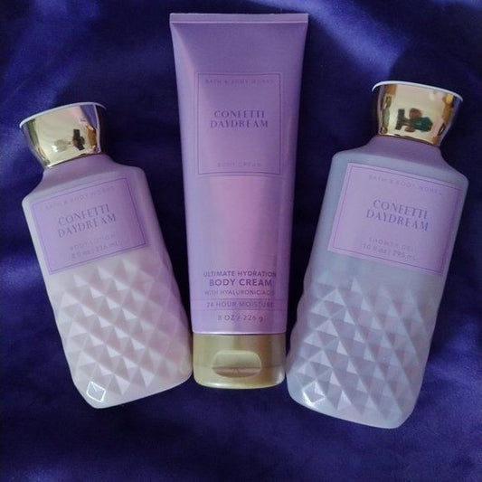 Bath & Body Works – Confetti Daydream - 3 pc Bundle - Fine Fragrance Mist, Ultimate Hydration Body Cream and Shower Gel - Spring 2022