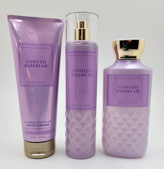 Bath & Body Works – Confetti Daydream - 3 pc Bundle - Fine Fragrance Mist, Ultimate Hydration Body Cream and Shower Gel - Spring 2022