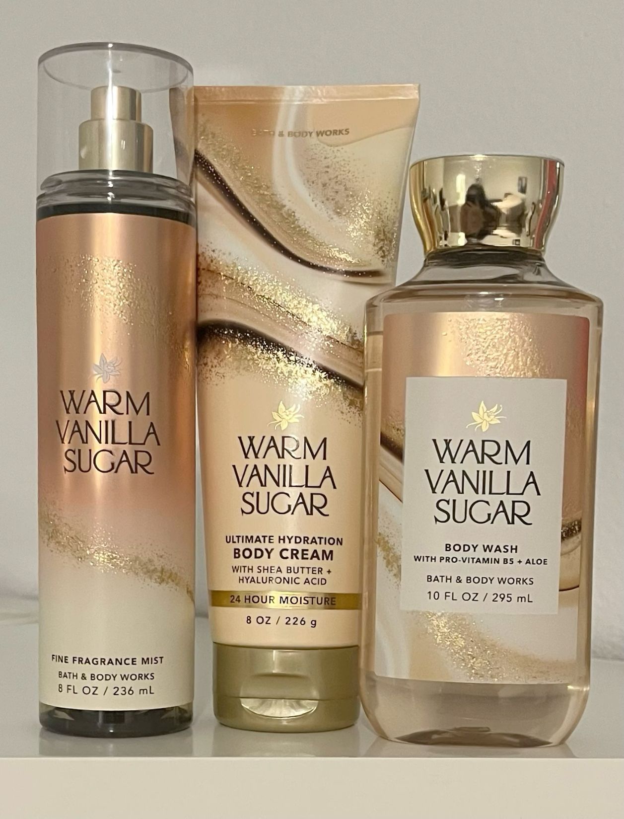 Bath & Body Works Warm Vanilla Sugar 8oz Body Lotion, 8oz Fine Fragrance Mist and 10oz Shower Gel 3-Piece Bundle
