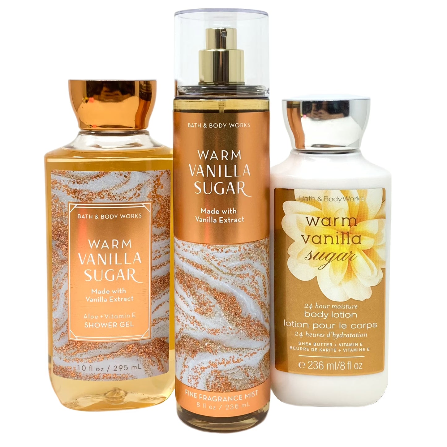 Bath & Body Works Warm Vanilla Sugar 8oz Body Lotion, 8oz Fine Fragrance Mist and 10oz Shower Gel 3-Piece Bundle